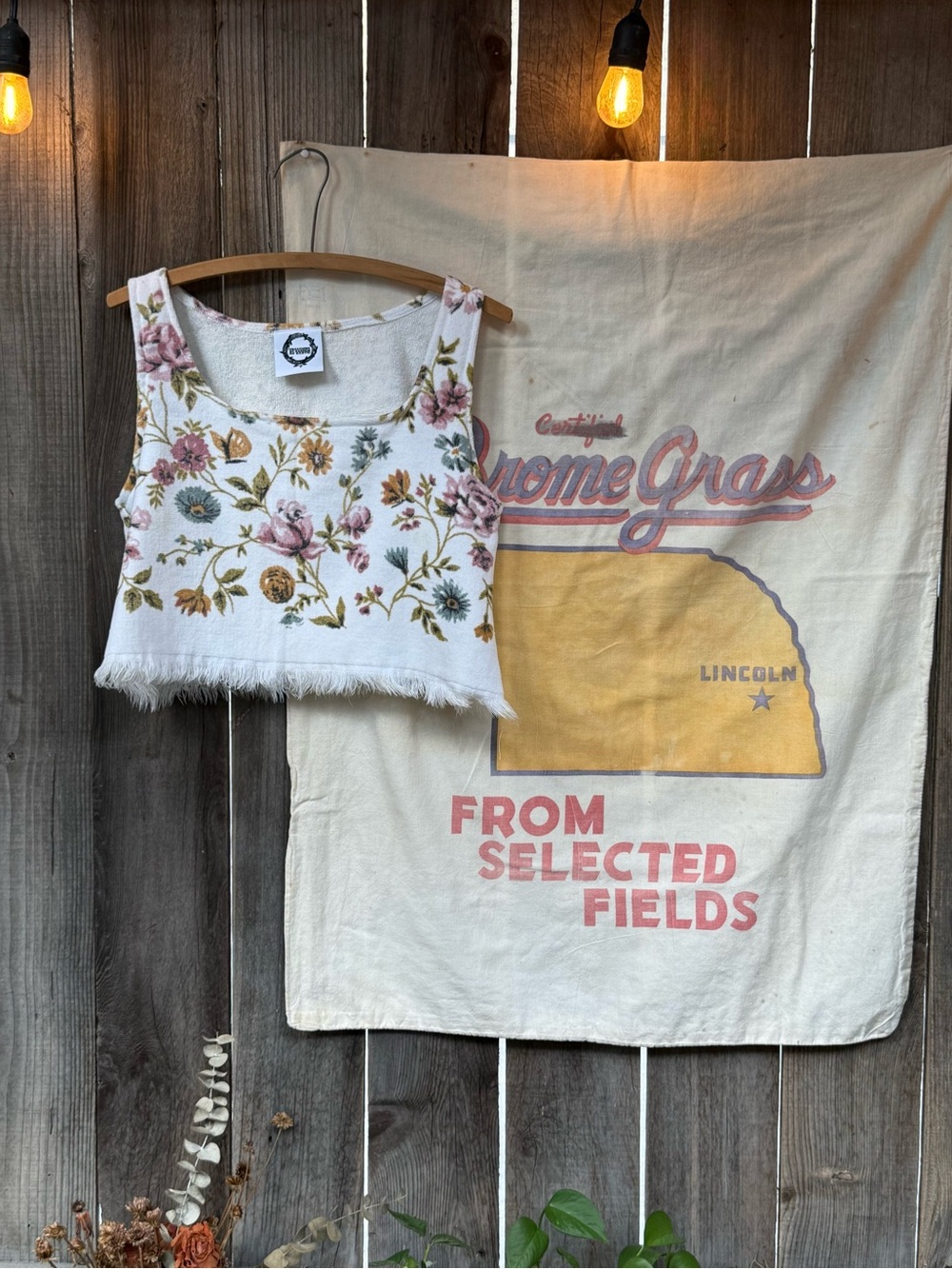 Handmade vintage towel Floral Cropped Tank Top — White with Pink & Green Flowers